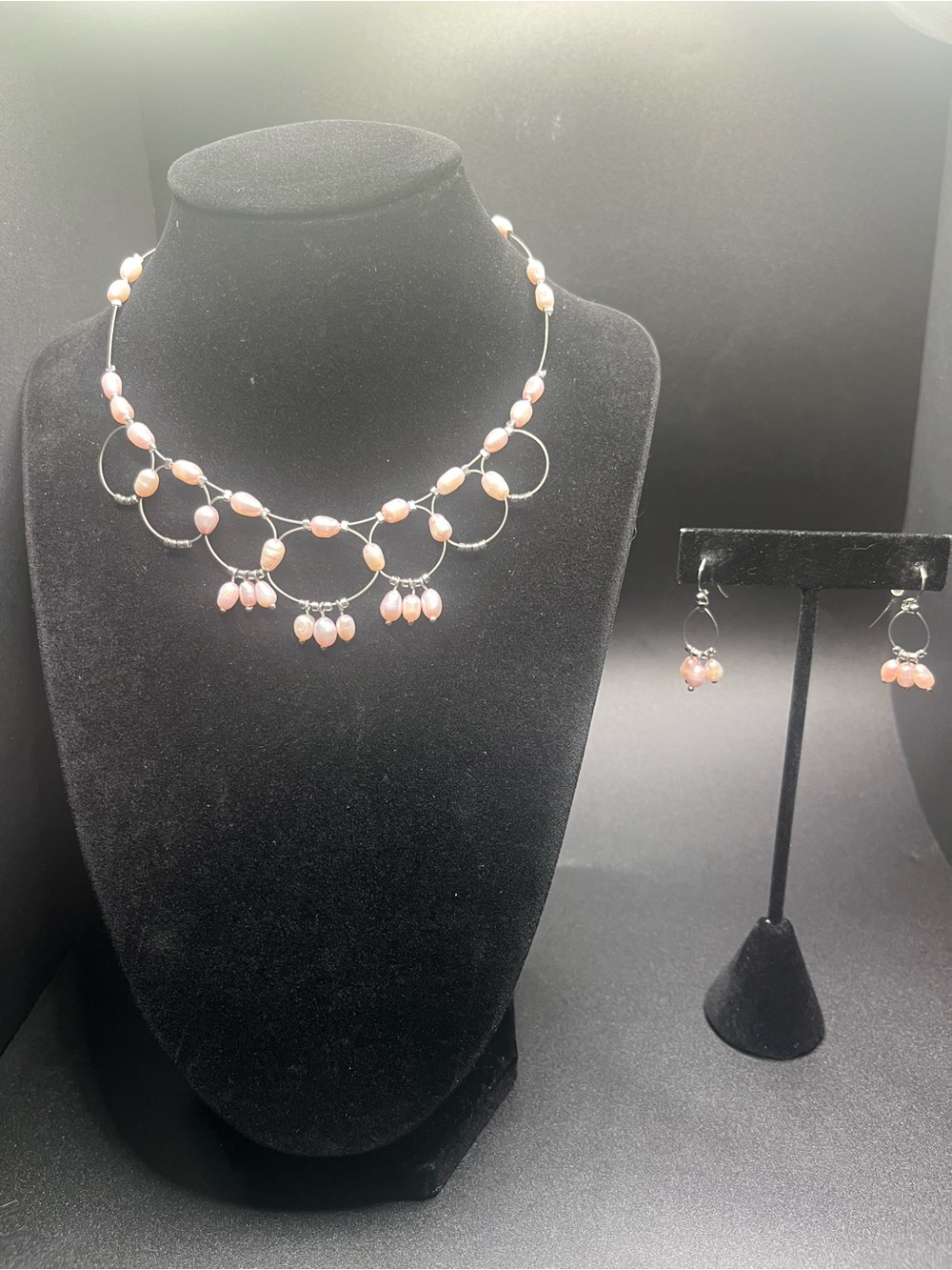 Genuine Pink Freshwater Pearl Necklace & Earrings Set Silver Tone